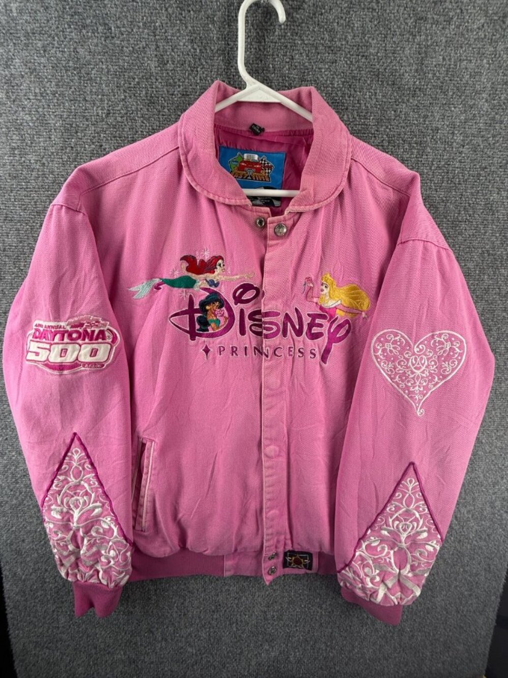 Disney Princess Varsity Jacket NASCAR JH Design Pink Embroidered Medium Daytona